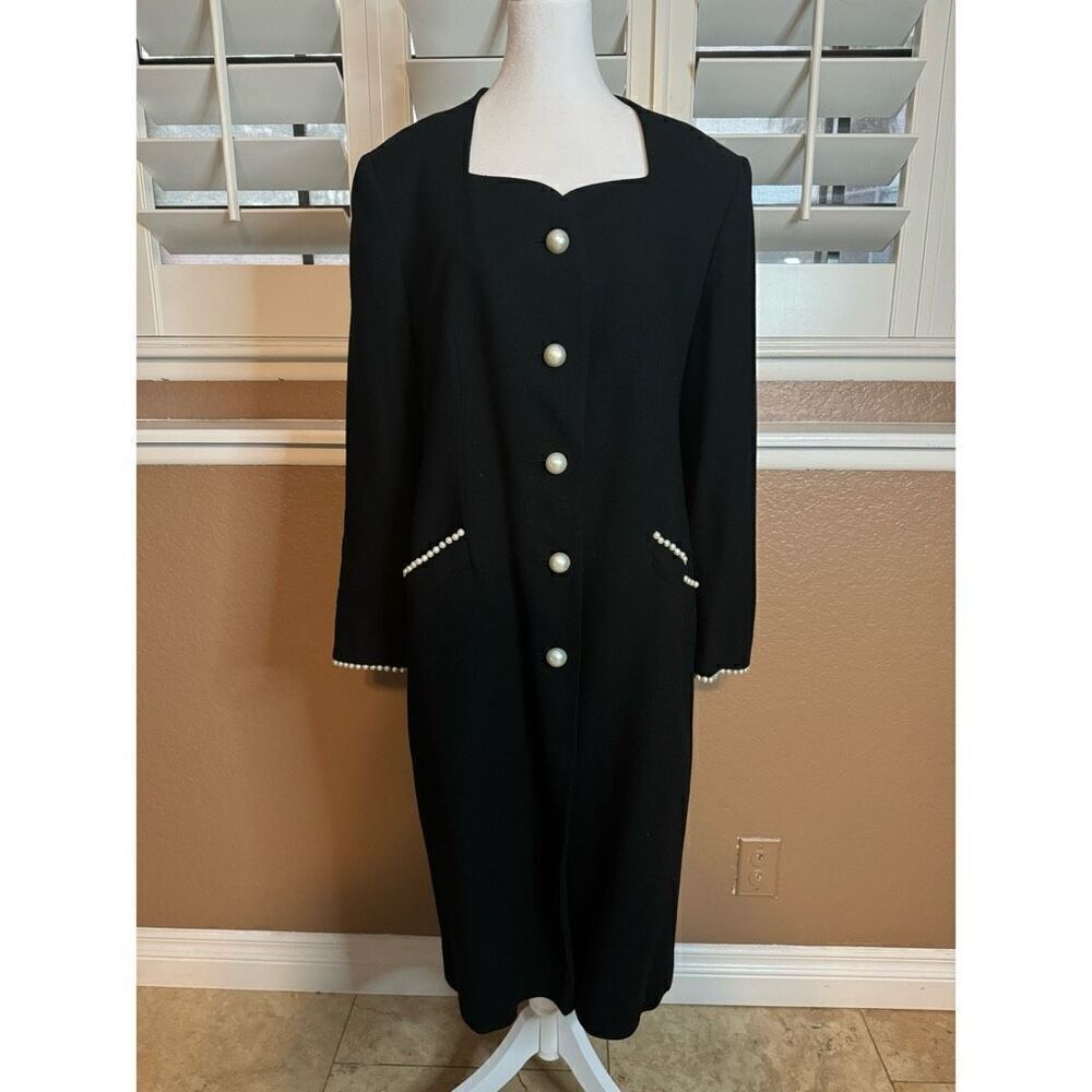 Vintage Lilli Ann L Statement Big Pearl Longline Dress Coat Black Hollywood Glam